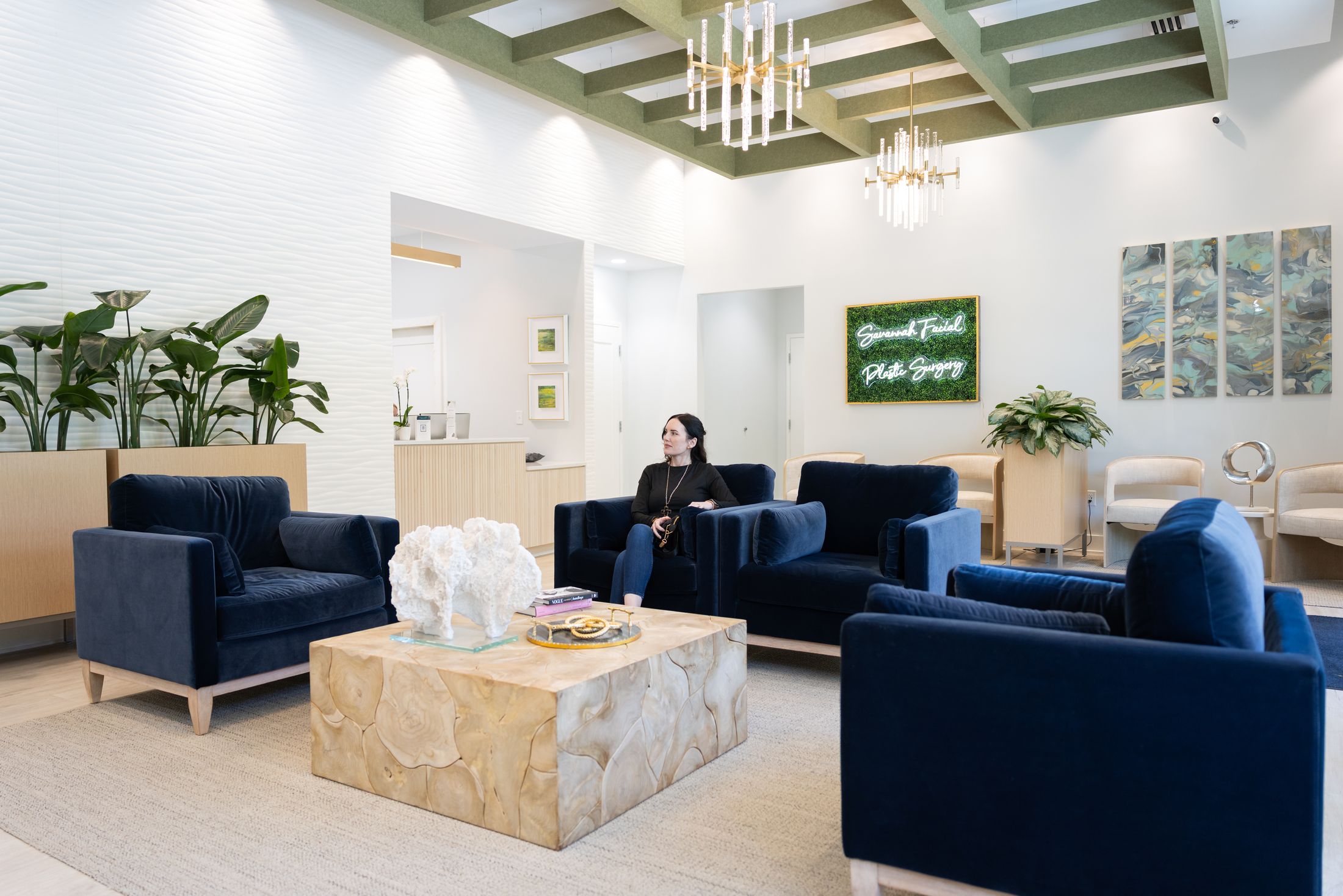 Modern waiting area with elegant furnishings and decor.
